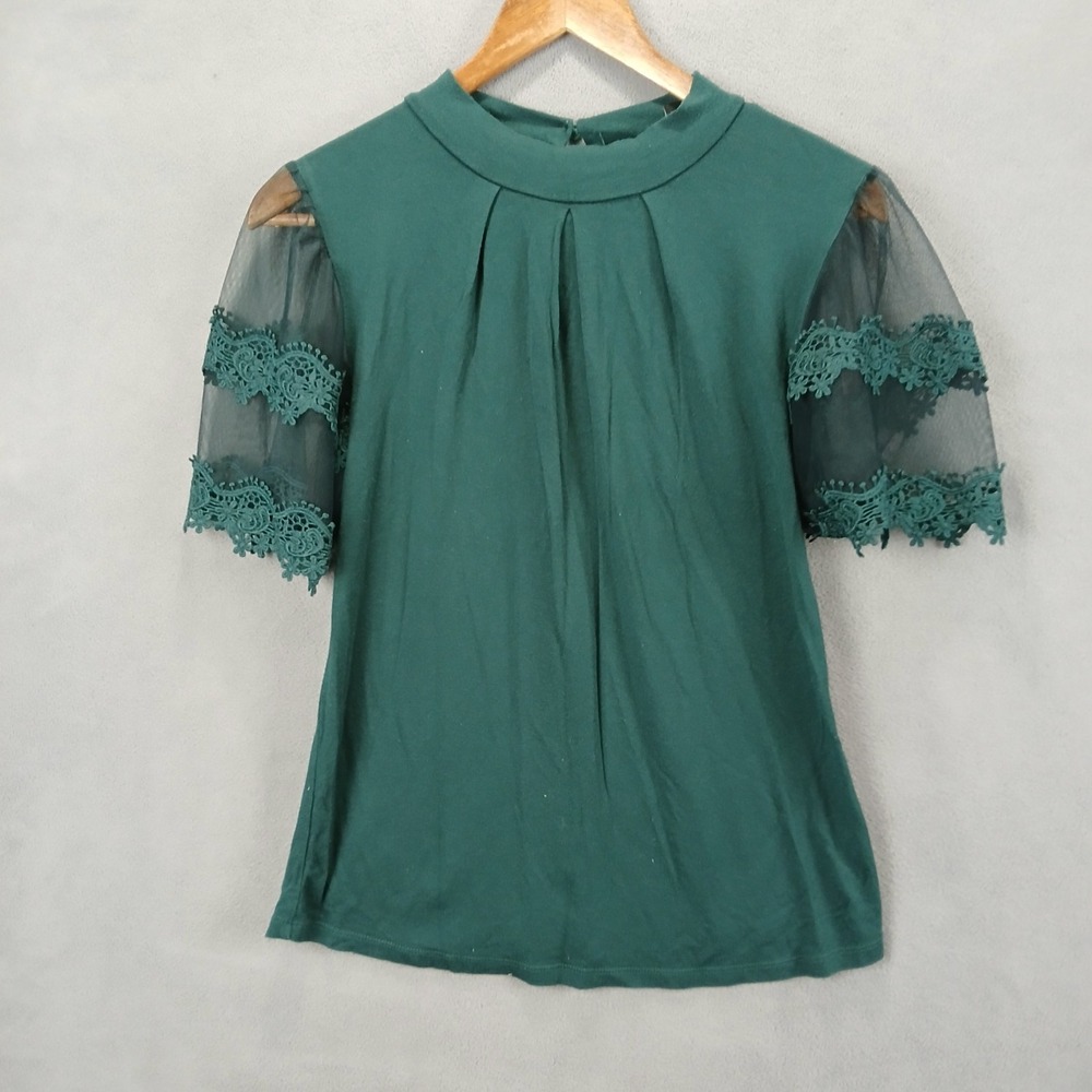 Willow Young Contemporary Blouse Top Womens Largeโ Green Pleated Keyhole Back
